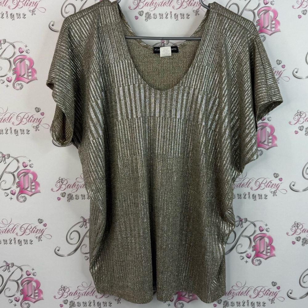 Kim & Cami T-shirt shiny sparkly shirt Metallic Silver Short Sleeve Blouse